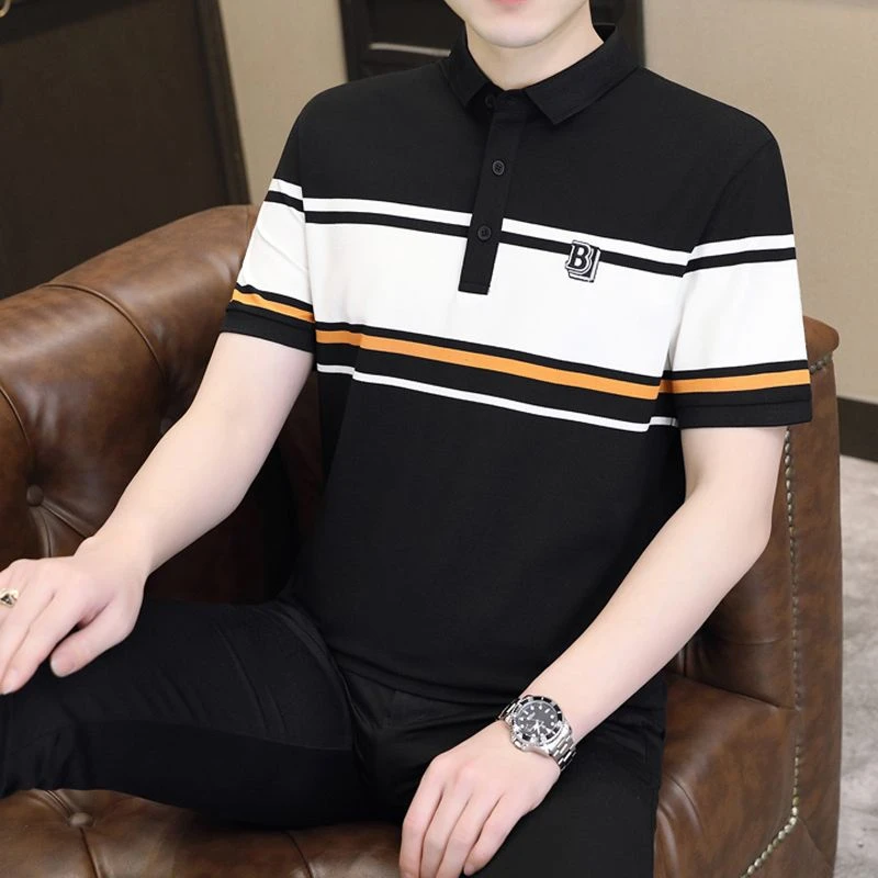男士短袖t恤polo衫夏季上衣半袖t恤条纹翻领体恤衫中青年休闲男装