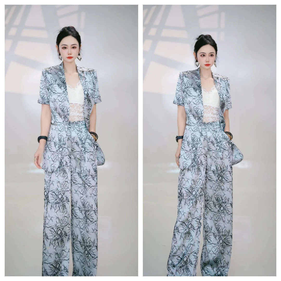 【定向】2025夏季水墨碎花西装套装女高级感中高腰阔腿休闲裤25419