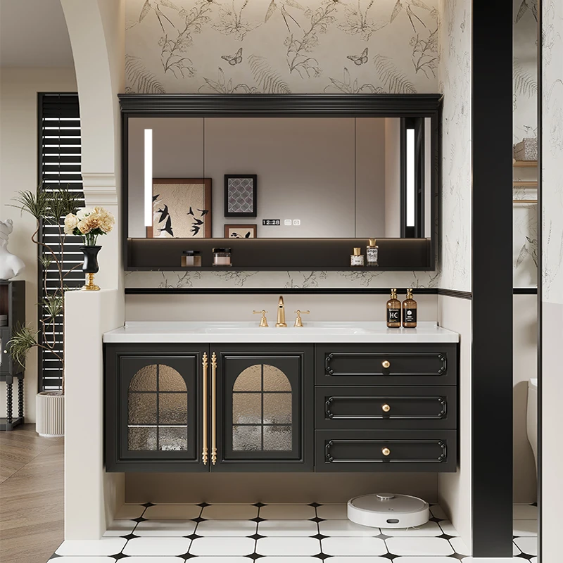 法式复古岩板无缝陶瓷盆浴室柜组合卫生间洗漱台洗手洗脸盆卫浴柜
