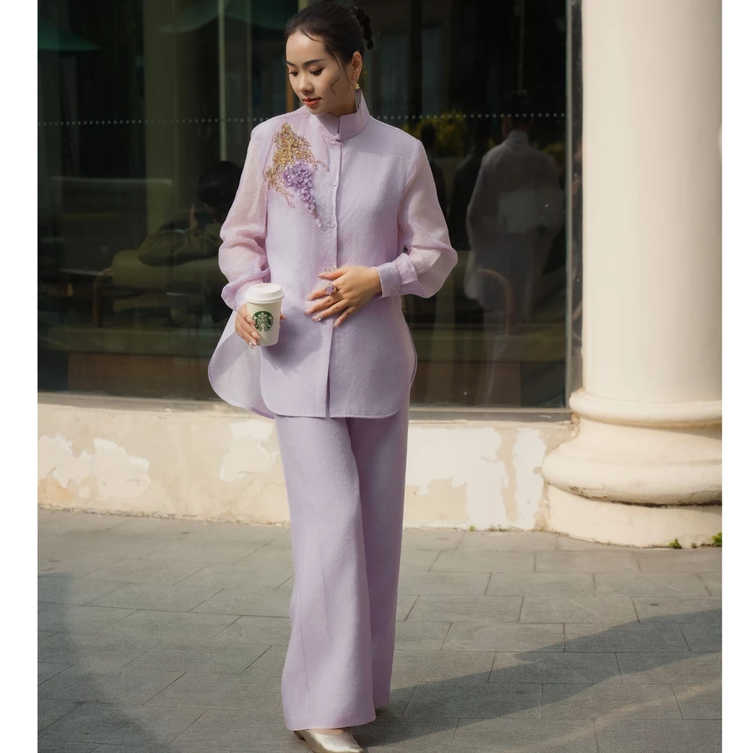 爱妃原创【紫蔓】新中式国风衬衫套装2025春季重工法绣两件套86670