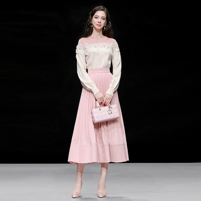 DF-秋冬季气质千金风拼色毛衣高腰风琴褶大摆半裙套装H-ZC34378