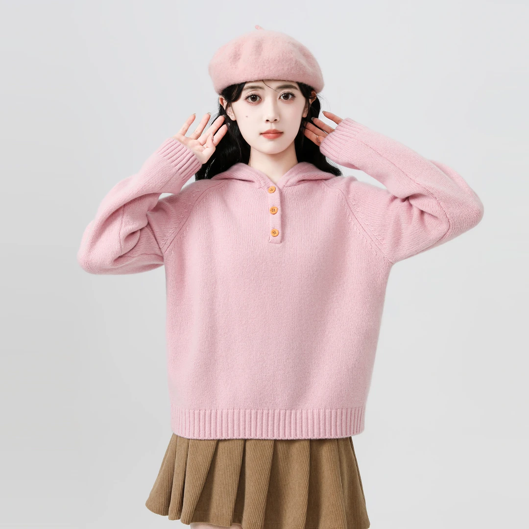 粉色连帽毛衣女加厚2025秋冬新款宽松温柔风甜美针织帽衫套头上衣