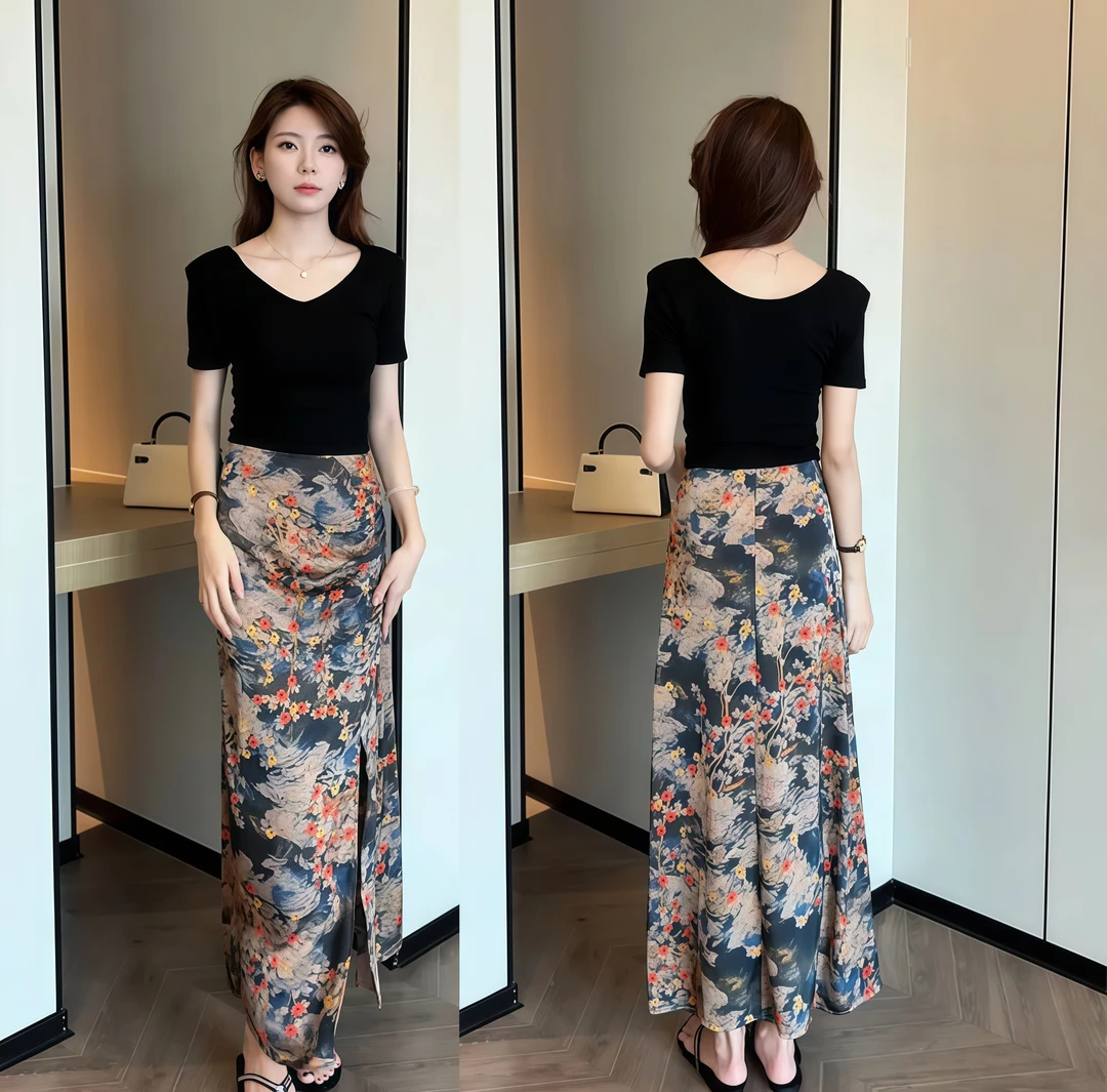 2025夏季新款百搭显瘦V领上衣女+气质显瘦压褶开叉半身裙两件套