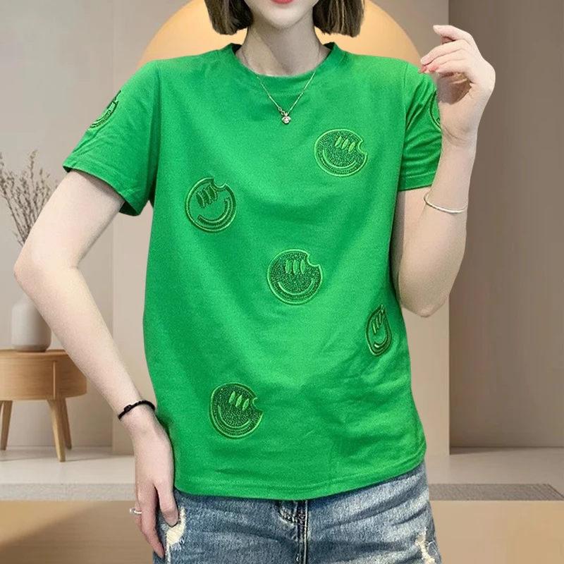 绿色大码休闲t恤女ins短袖2025夏季新款百搭休闲笑脸刺绣纯棉上衣