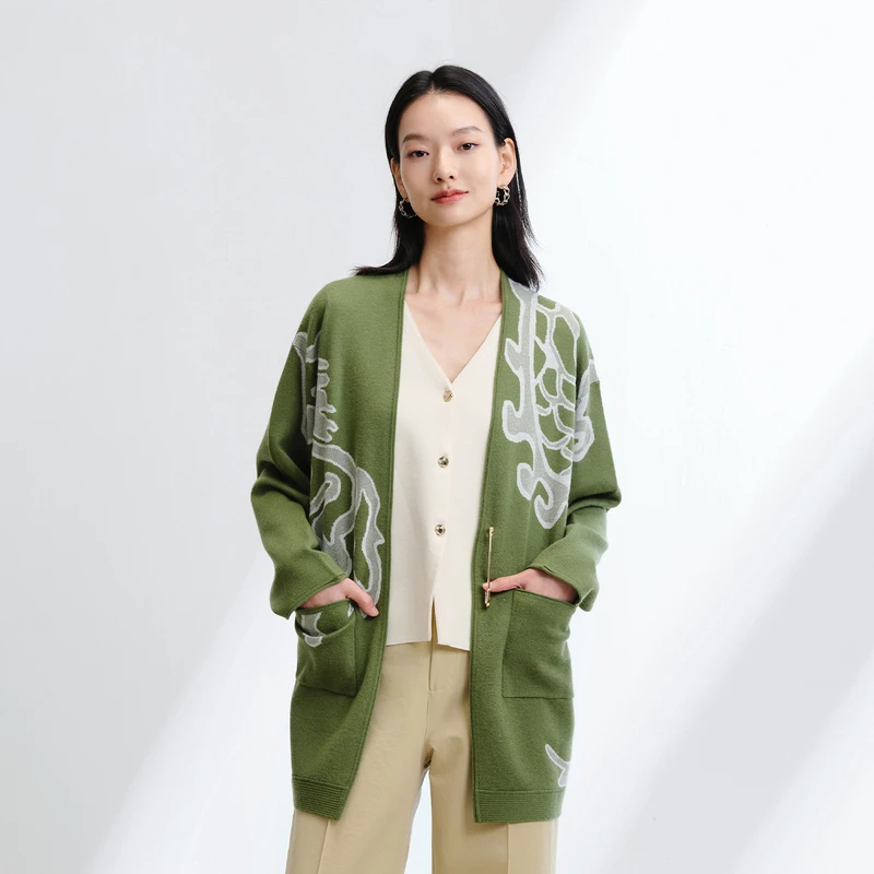 EP YAYING雅莹女装 羊毛羊绒宽松V领提花针织开衫 2025新款9155A