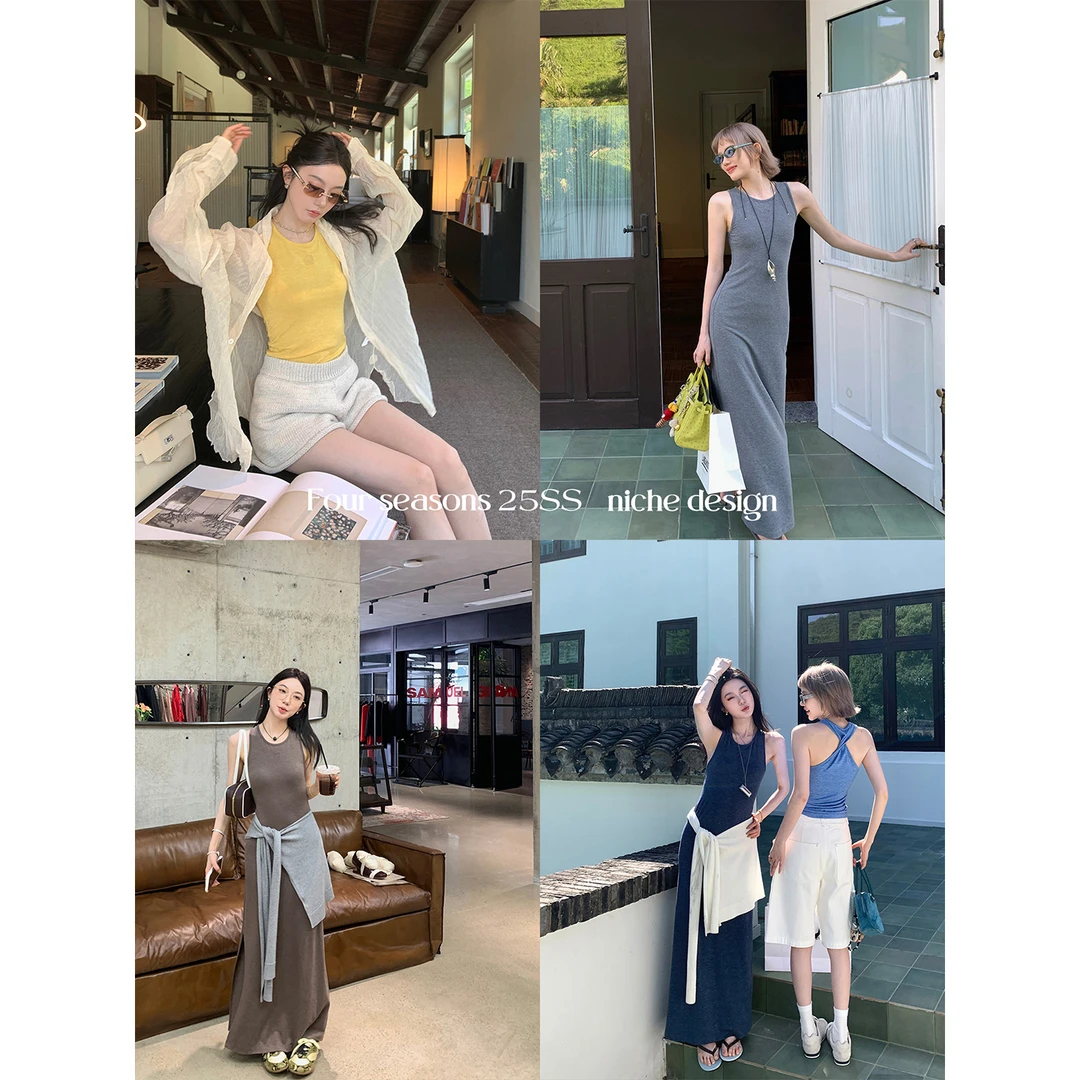 区区欧阳针织背心连衣裙女夏季新款收腰无袖长裙修身显瘦长款裙子