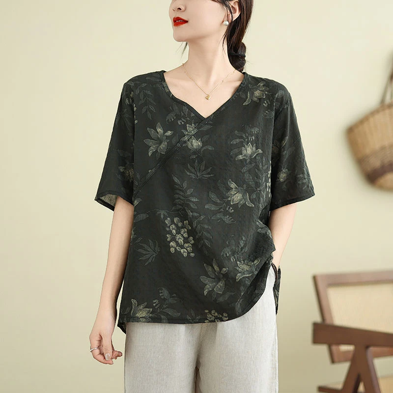 哥弟阿玛施正品棉麻新中式大码女装夏季薄款复古民族风百搭宽松V