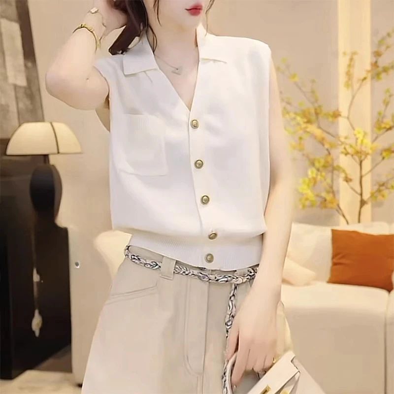 法式气质小香风单排扣2025V领背心女内搭修身高级感冰丝无袖上衣