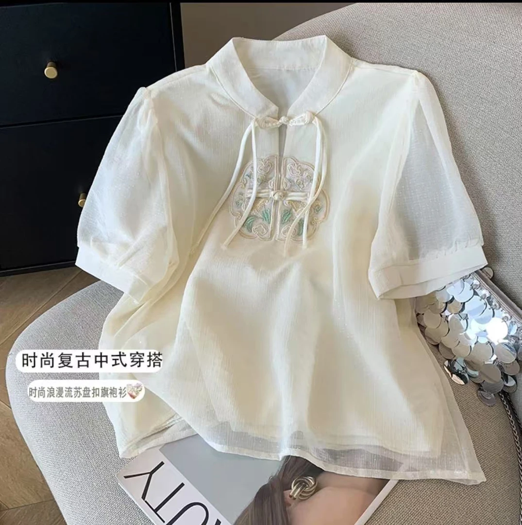 刺绣夏季短款文艺装饰显瘦衬衫中式