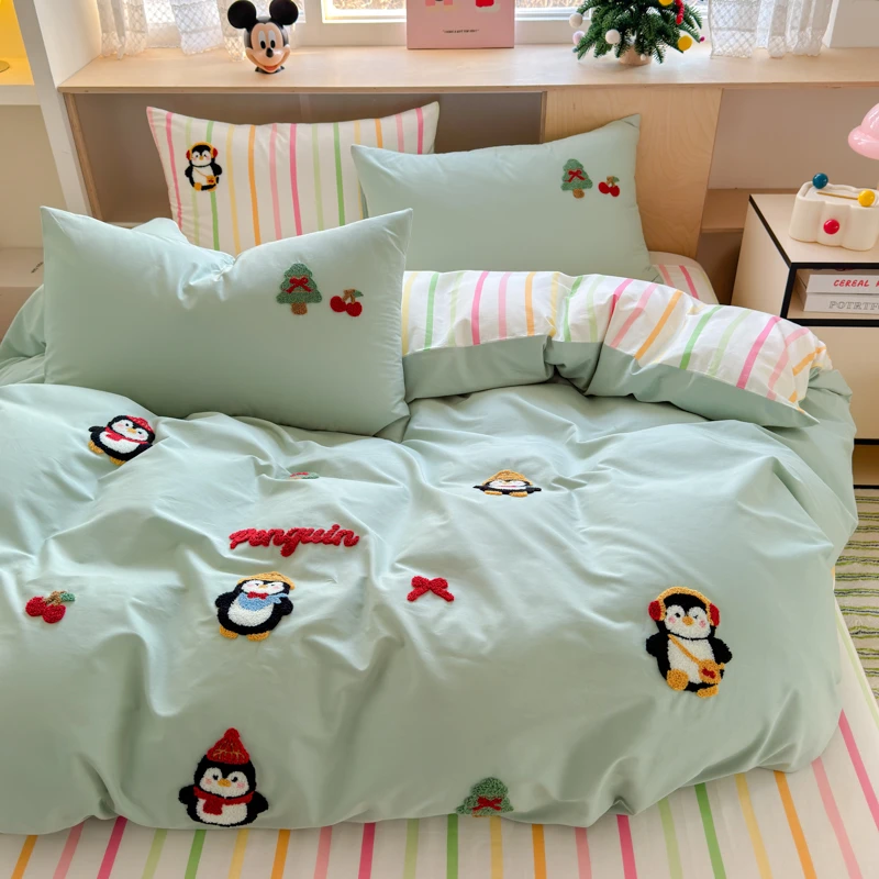 A类小企鹅毛巾绣家用床上四件套纯棉100%全棉被套床单四季通用1.8