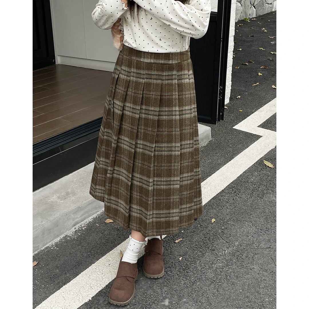 大码胖mm绝美巨好看的百褶裙子秋冬季女装加厚显瘦格纹毛呢半身裙