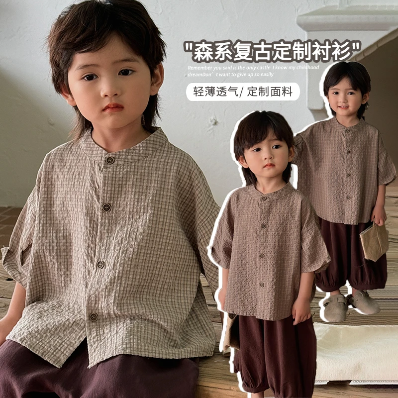 《夏上新》儿童格子棉麻短袖衬衫25XL913夏季韩版男童女圆领半袖薄