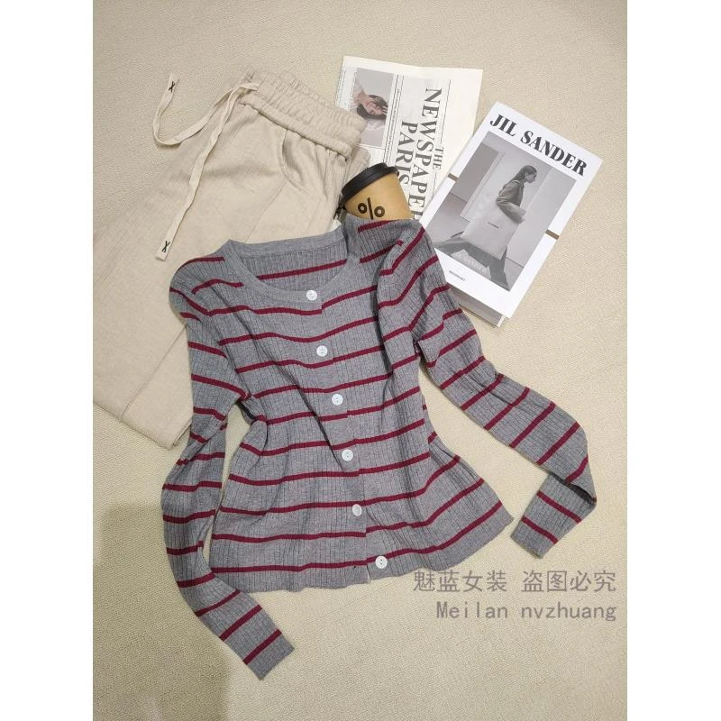 原搭2025春季女新款长袖条纹圆领毛针织开衫宽松显瘦毛衣HD2500