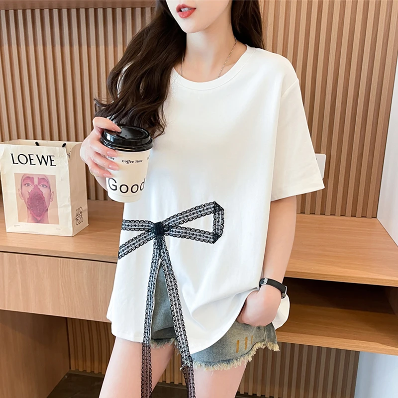 蕾丝花边蝴蝶结短袖t恤女2025新款夏季韩版宽松不规则开叉上衣服