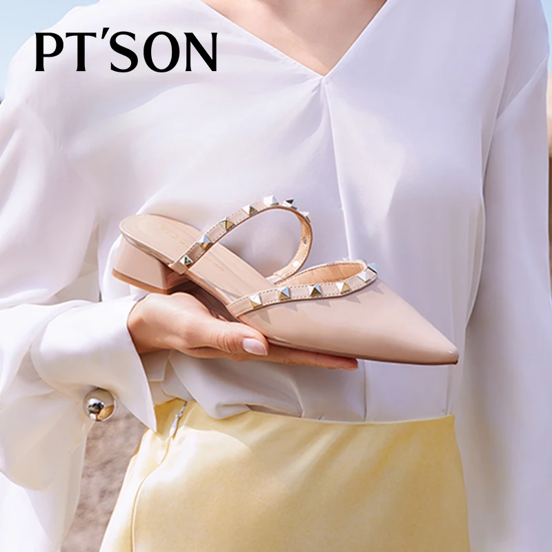 百田森法式羊皮尖头铆钉凉鞋春夏新中低跟气质女士粗跟包头拖鞋