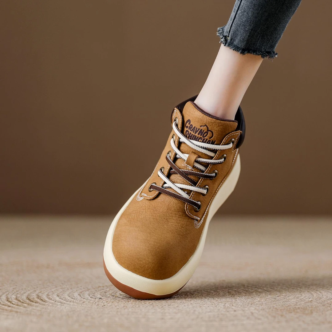 真皮厚底大头丑萌大黄靴女2025秋季新款短靴子软底轻便休闲工装靴