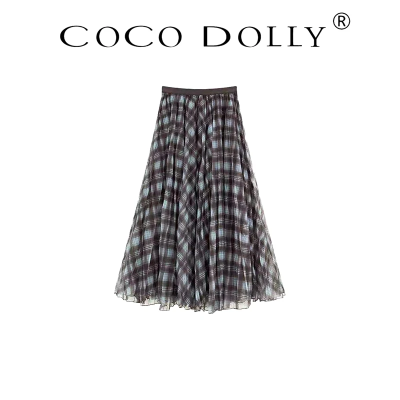 COCO DOLLY韩系复古格子纱网半身裙女高腰显瘦百搭中长格纹裙8609