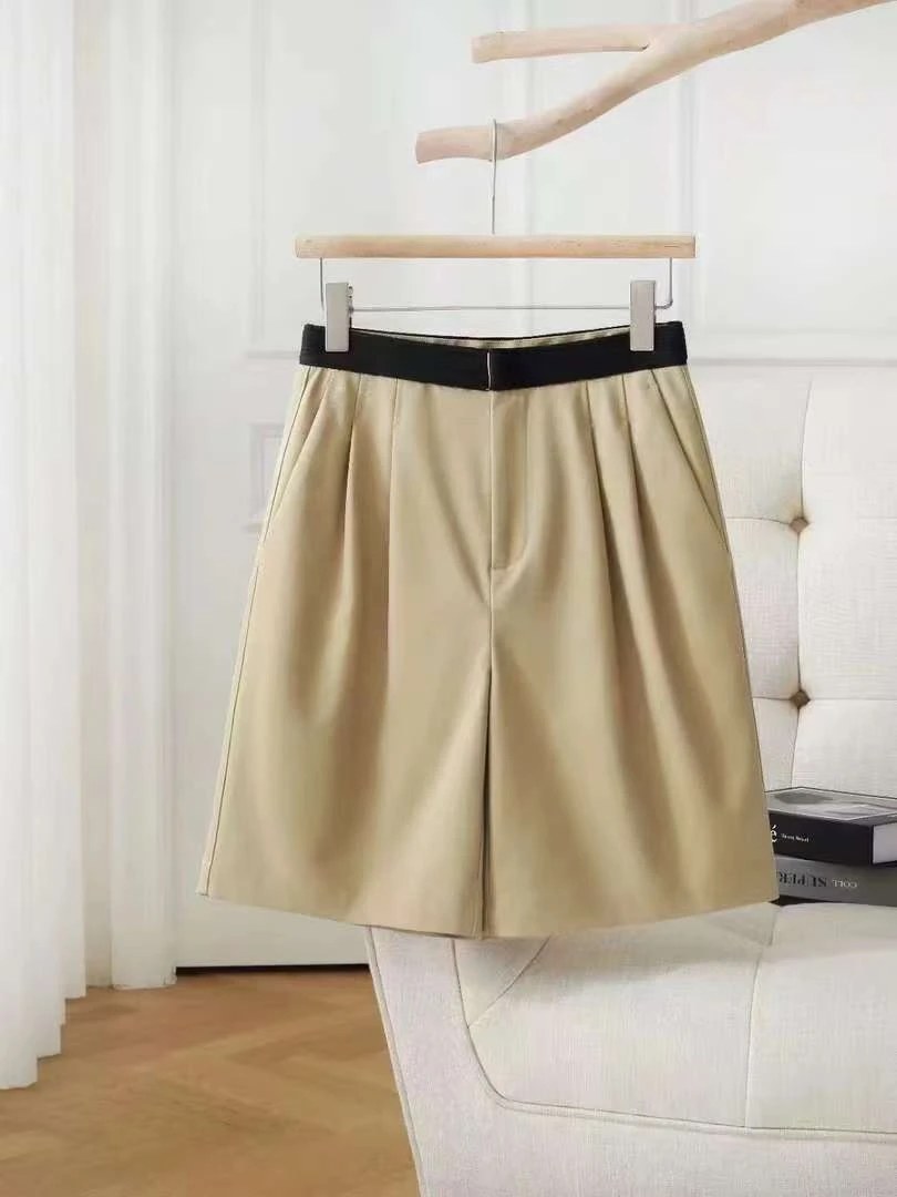 （2838）高腰显瘦直筒中裤撞色通勤卡其色短裤五分西装裤女
