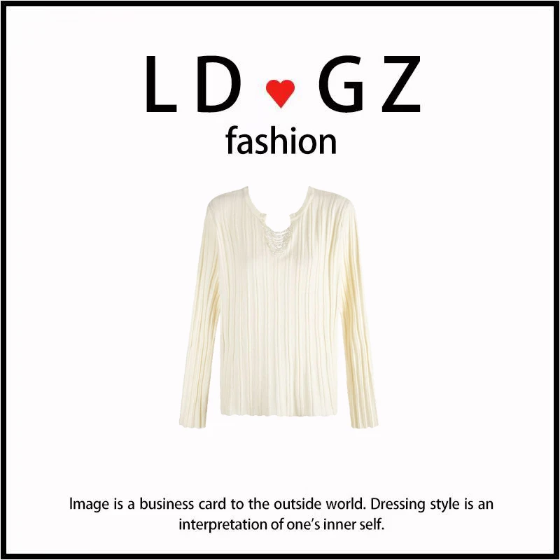 「黎大公子专属」镂空v领针织打底女秋冬显瘦遮肚长袖t恤上衣HH-925