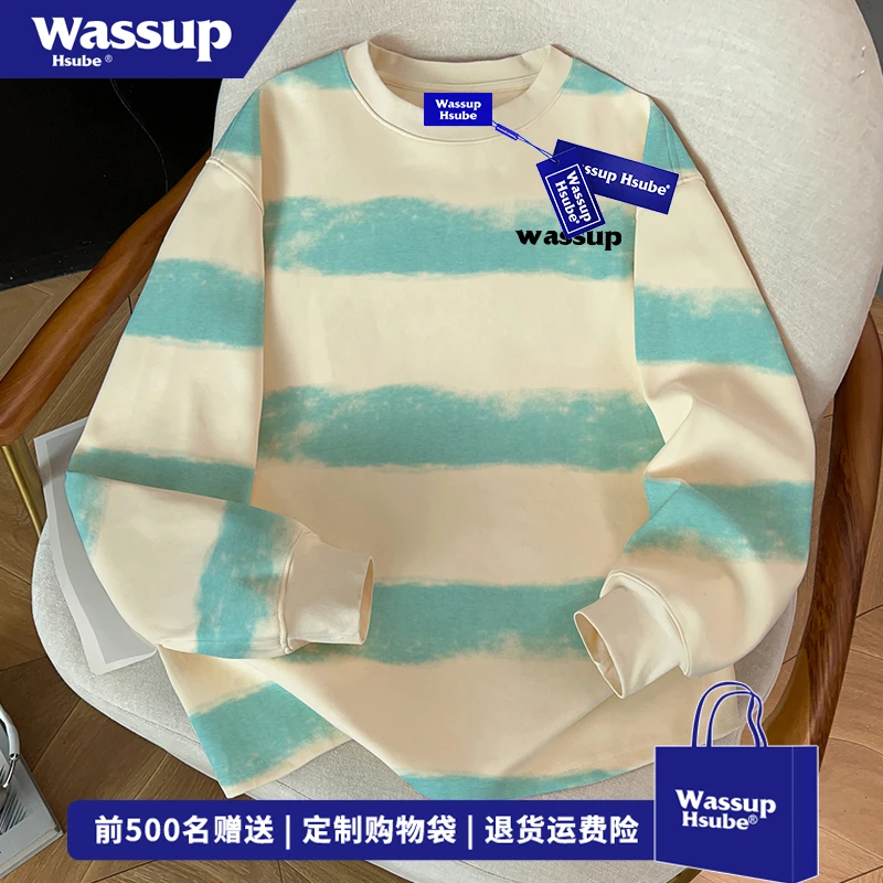 WASSUP HSUBE秋季简约潮牌字母扎染条纹T恤男女美式百搭长袖上衣