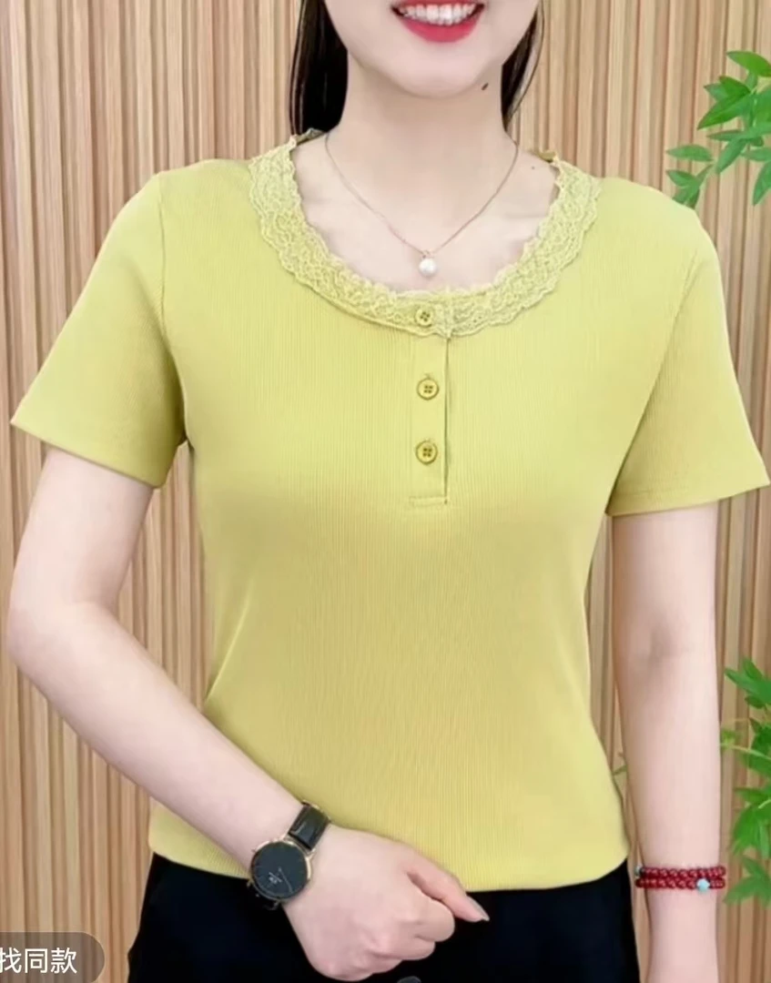 2025春季时尚洋气新款设计简约纯色花边圆领百搭显瘦短袖