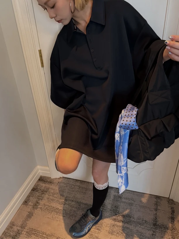 HELLOTANGO《极简进行曲》高级感老钱风Polo领廓形宽松T恤540351#