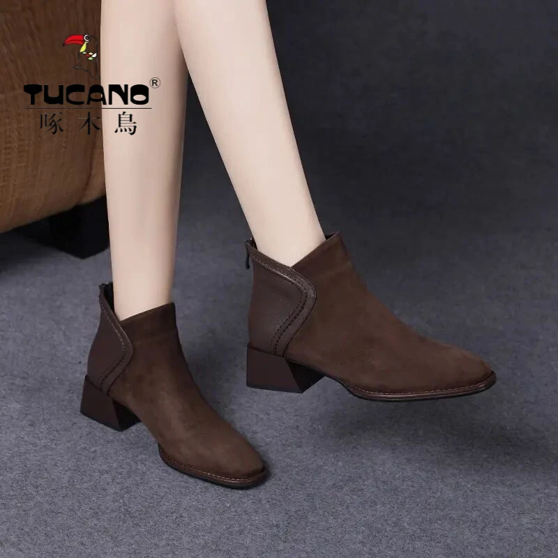 2025新款春秋季磨砂短靴粗跟中跟女鞋秋冬真软皮鞋方头踝靴马丁靴