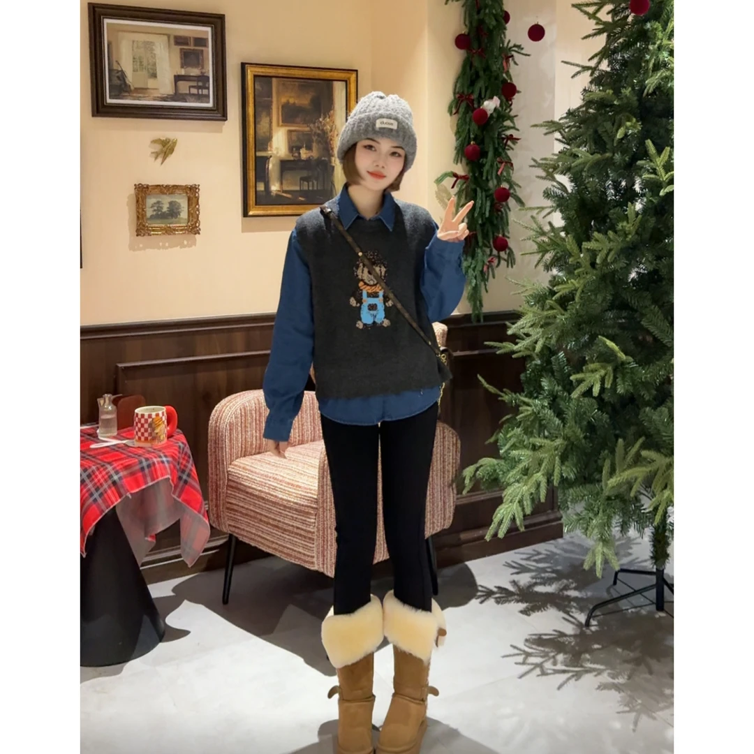 MY【背带裤小狗】冬季新款 韩系减龄感针织马甲背心+牛仔衬衣两件套