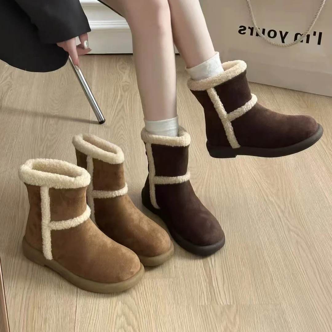 羊羔绒翻折两穿雪地靴女2025年新款秋冬加绒保暖平底防滑勃肯5001