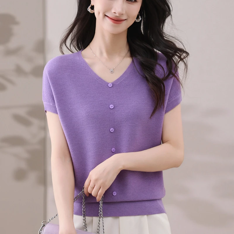 【天丝】凉感精致t恤女2025新款中年轻妈妈夏季v领时尚针织条纹小衫