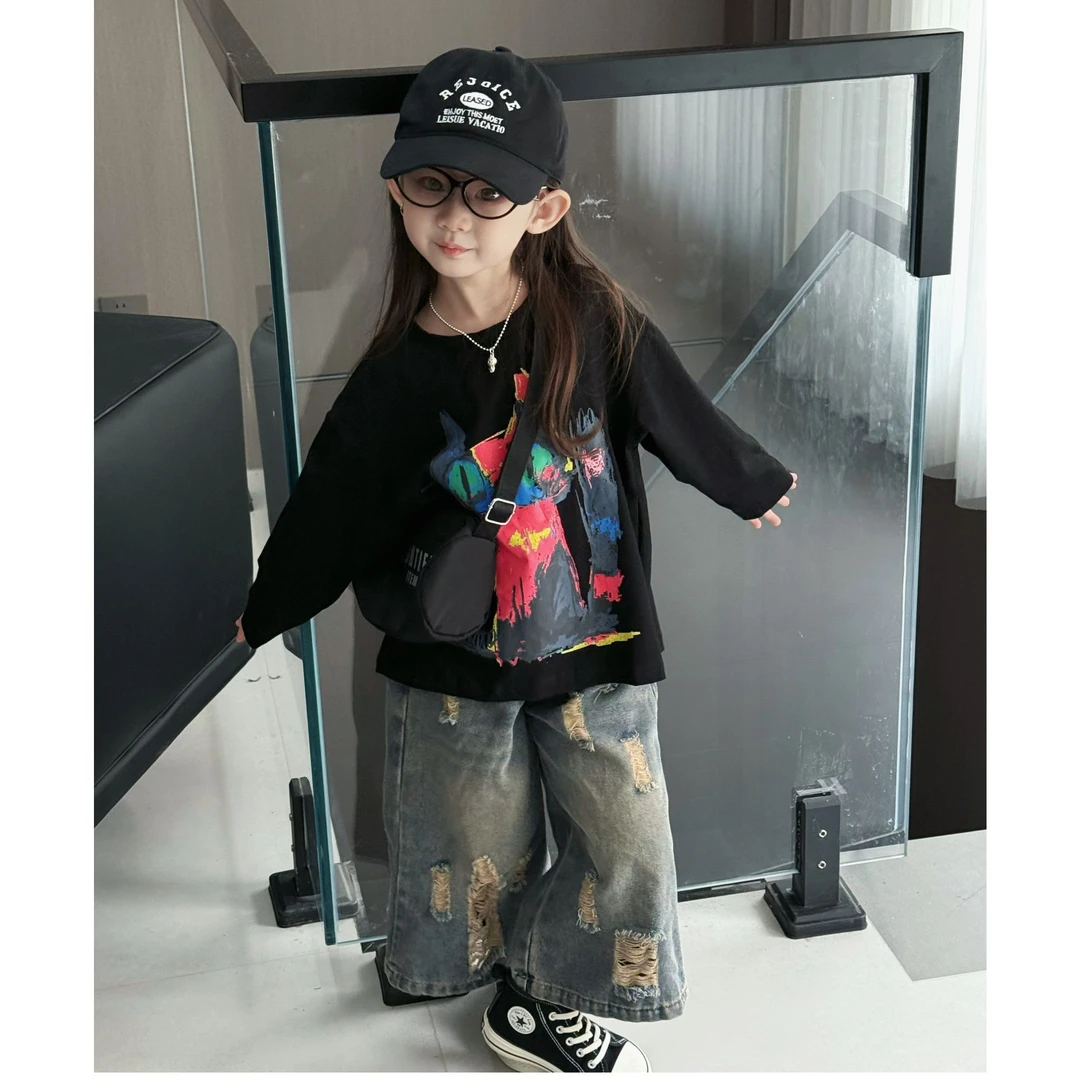 男女童秋装套装2025新款潮版招财猫卡通T恤破洞牛仔裤套装