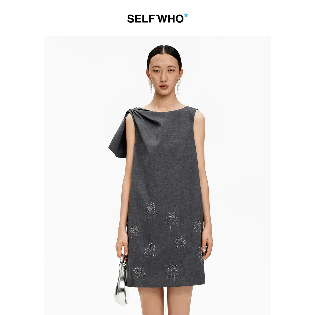 SELFWHO绵羊毛混纺无袖荡领背心连衣裙女2026春新款刺绣A字裙