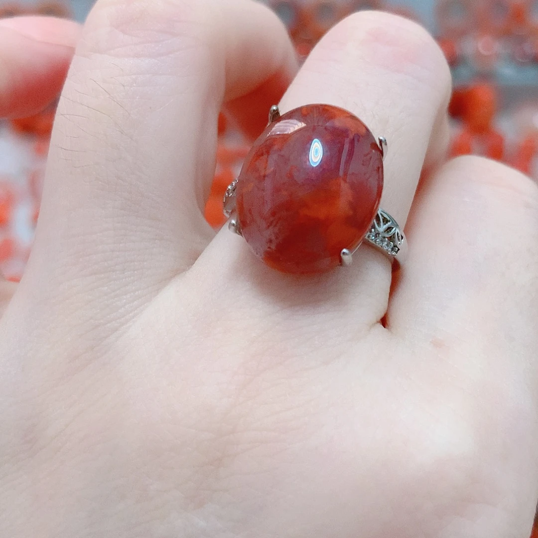 南红玛瑙银S925镶嵌戒指