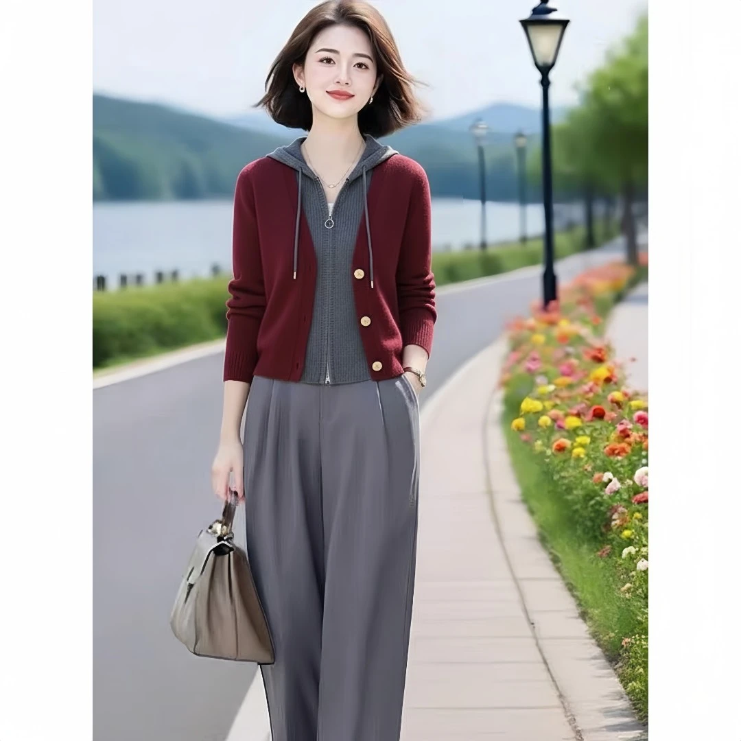 短款连帽毛衣外套女秋冬季2025新款爆款针织开衫假两件上衣