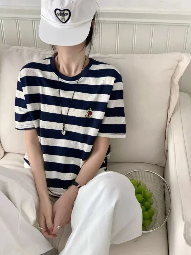 8305番外条纹短袖T恤女夏季新款卡通宽松显瘦百搭减龄上衣