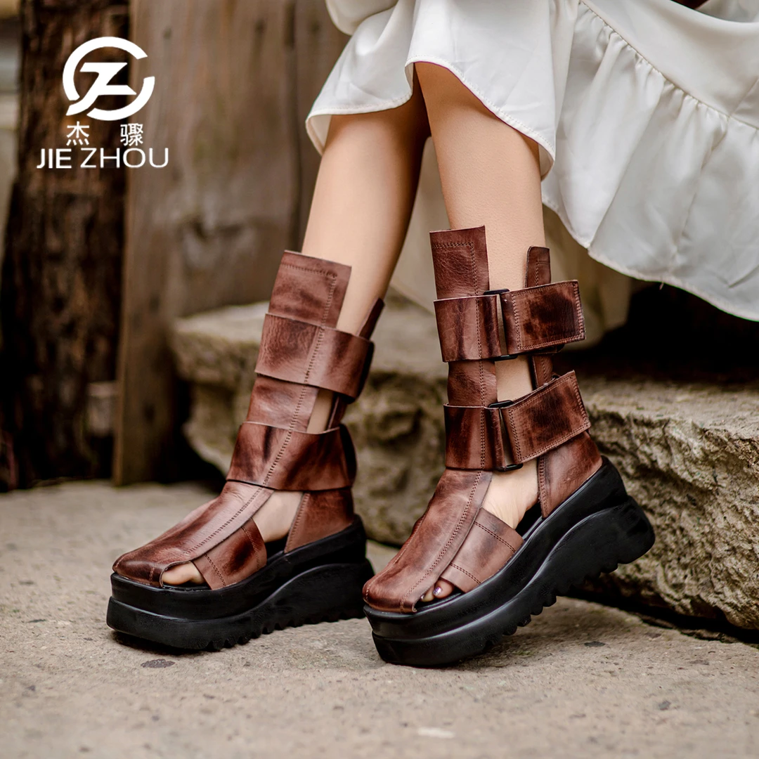 杰骤夏季新款头层牛皮包头凉鞋女松糕厚底镂空靴子真皮洞洞款凉靴