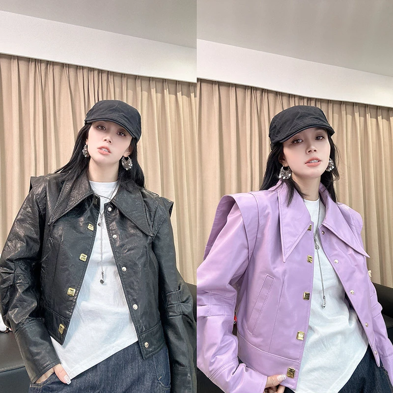 2025秋新款真皮皮衣女短款娃娃领单排扣绵羊皮显瘦小香风外套洋气
