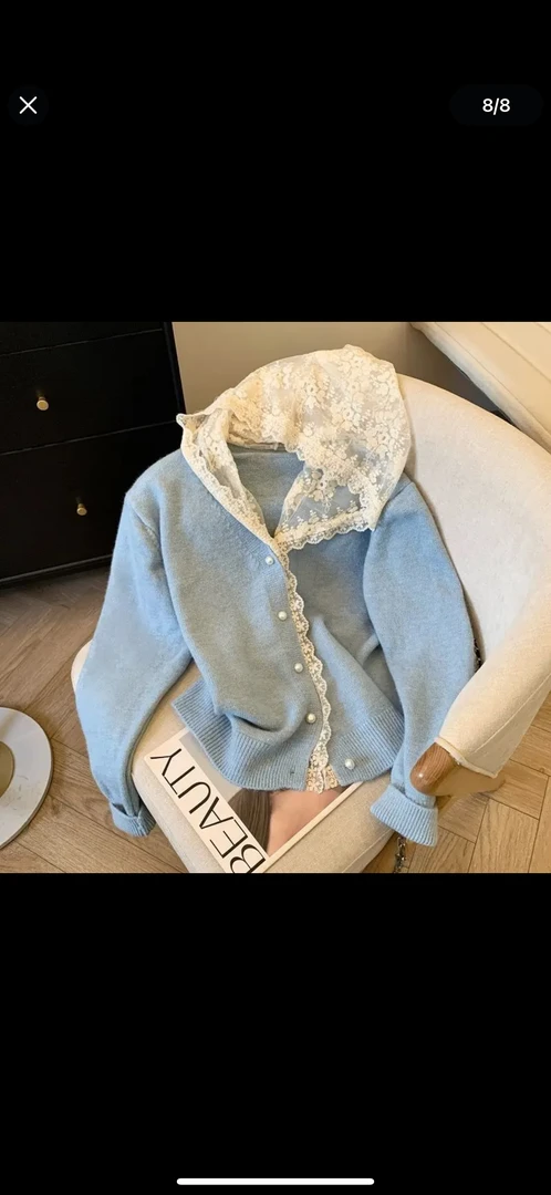 超好看蕾丝拼接连帽针织开衫女秋冬装小香风毛衣外套宽松法式洋气