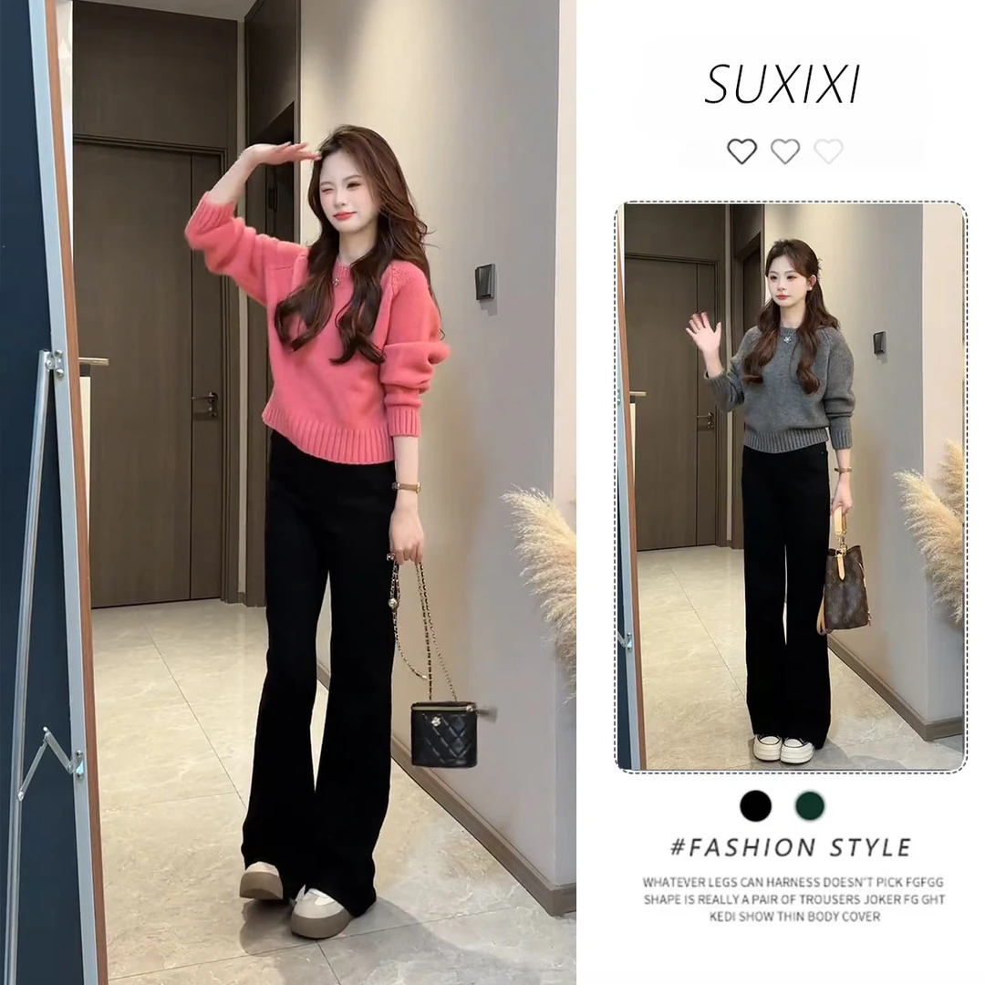 秋季搭配一整套时尚今年流行套装圆领针织上衣显瘦牛仔裤两件套