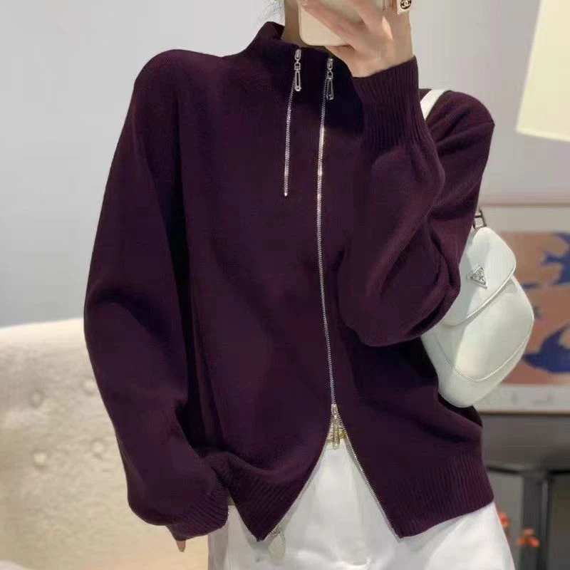 双拉链设计感高领针织开衫纯色减龄毛衣宽松加厚上衣外套