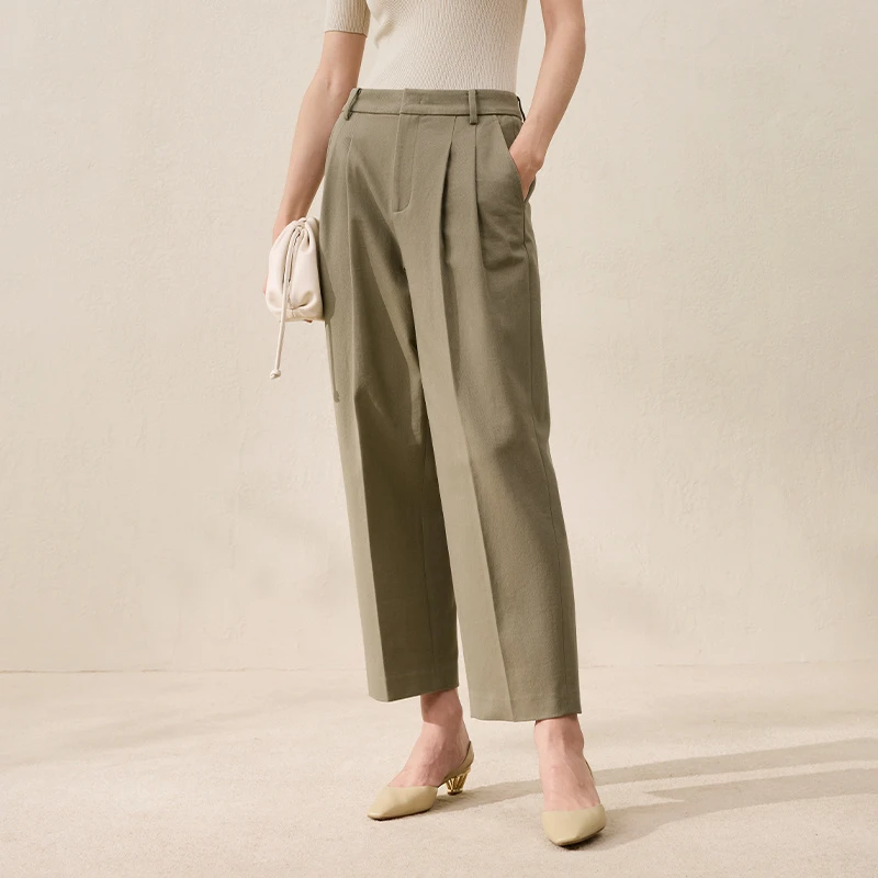 寺山文也 知榆/斜纹纯棉高级感垂感通勤高腰九分微锥长裤西装裤女