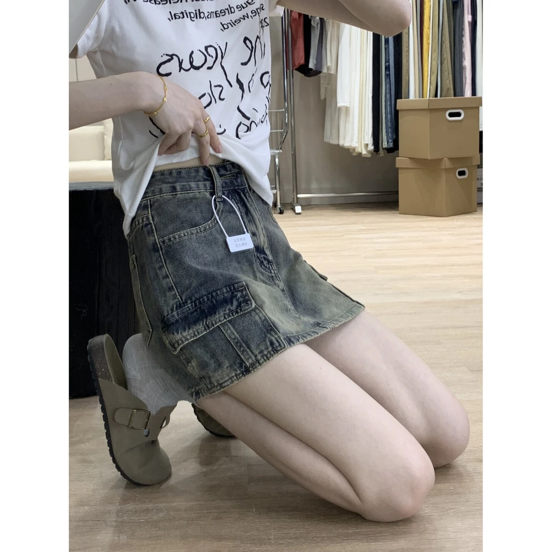 高腰美式复古做旧辣妹a字裙女夏百搭修身显瘦含内衬牛仔工装短裙