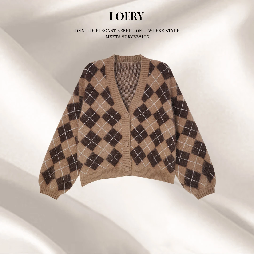 LOERY【松茶可可编号102】细软马海毛菱格拼色拉绒毛衣针织衫-10551
