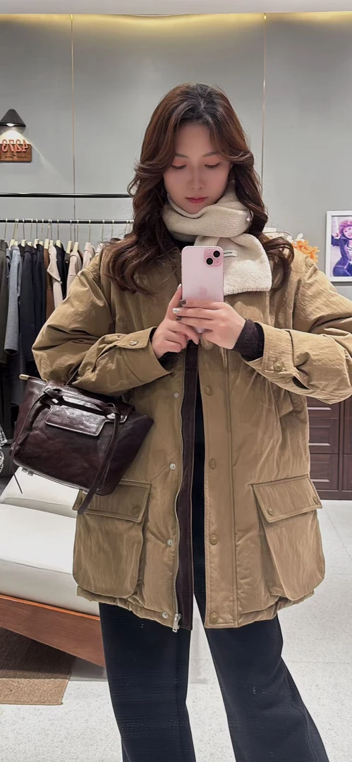 [68岁小姐姐]韩版工装风撞色领中长款羽绒服D25MH8 0003