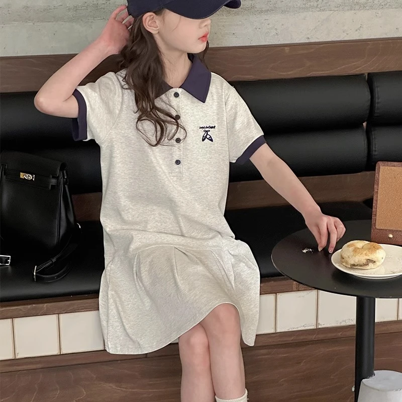 女大童POLO领短袖连衣裙夏款休闲宽松2025新款女孩学院风夏天裙子