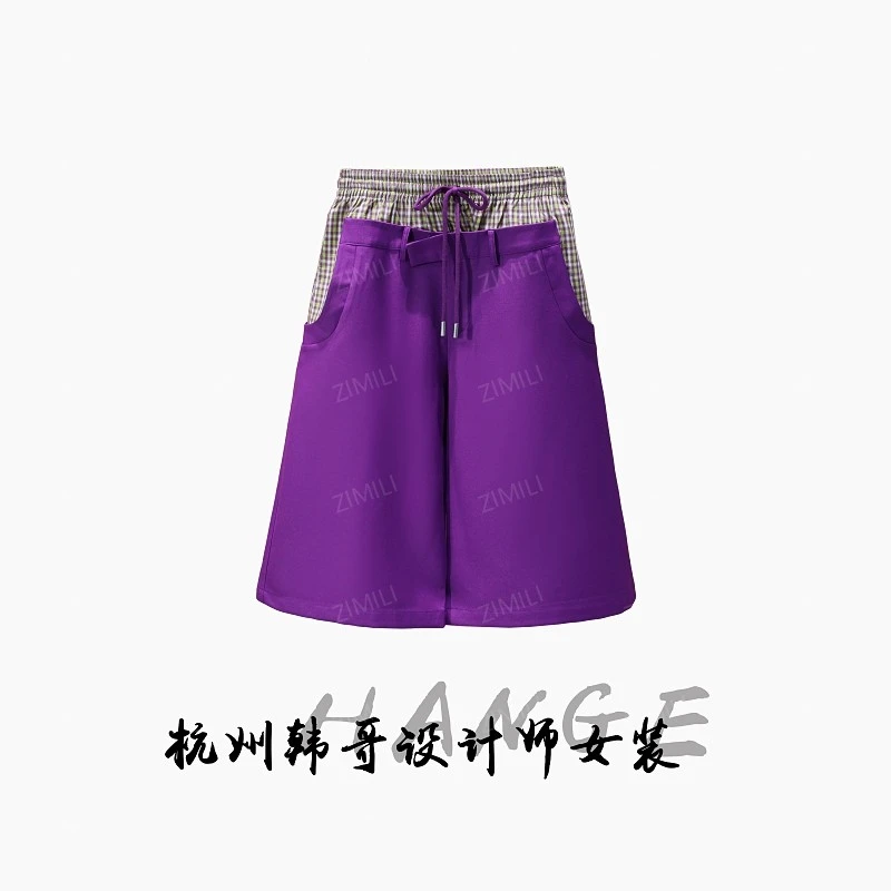 【韩哥女装】齐紫色拼接格子腰头高腰时尚A字五分裤9252