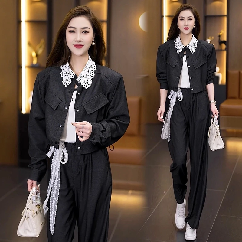 2025春新款韩版时尚简约套装气质蕾丝花边衬衫短上衣阔腿裤两件套