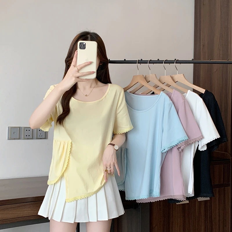 2025夏装新款胖mm大码女时尚减龄镂空花边不规则别致短袖T恤A1405