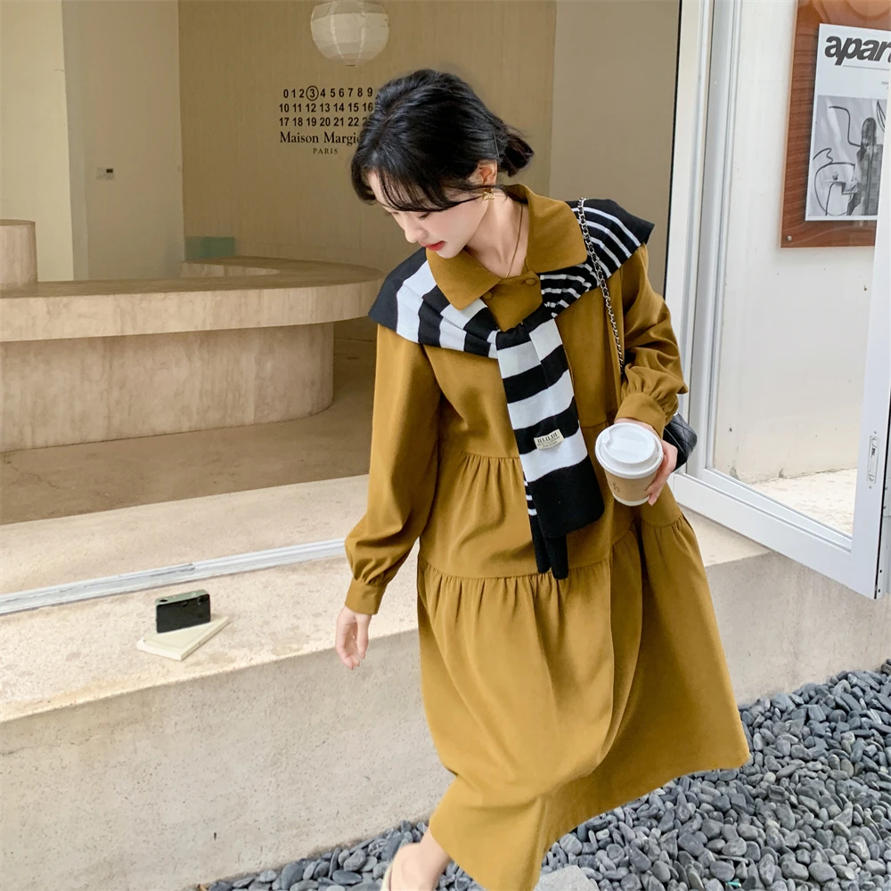针织披肩姜黄色连衣裙女春秋2025新款高级感学院风a字裙小个子