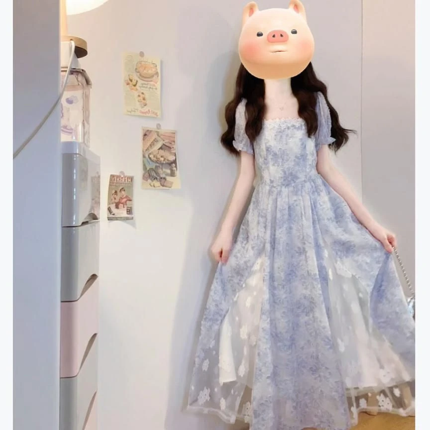 风传花信大码女装夏新款法式甜美立体印花蕾丝拼接收腰显瘦连衣裙